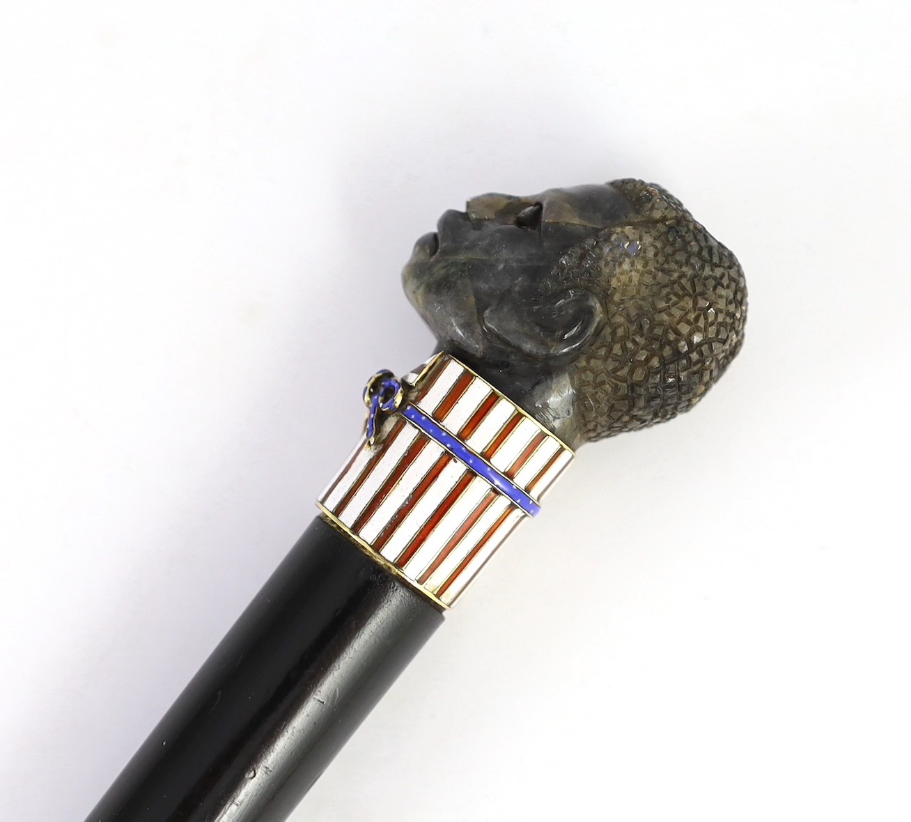 A 19th century French carved labradorite, diamond, ruby and enamel handled ebonised cane, 91cm